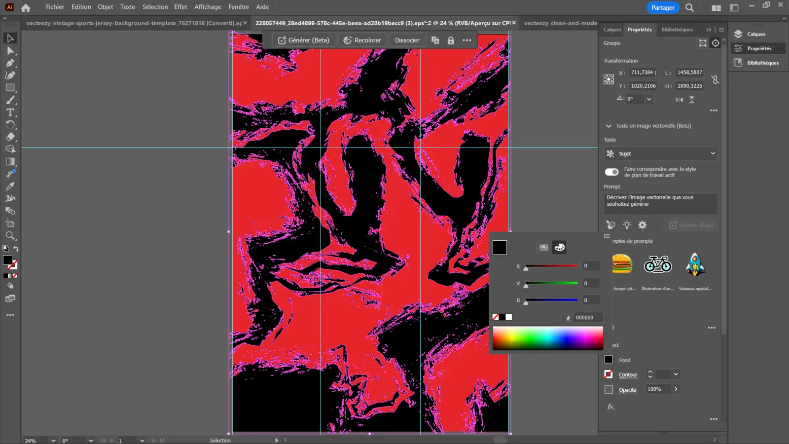 Travail de création d'un motif rouge et noir dans Adobe Illustrator