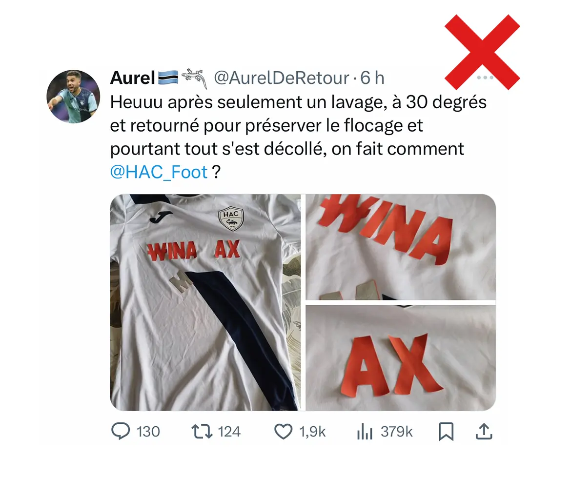 Exemple d'un sponsor floqué qui se décolle après lavage